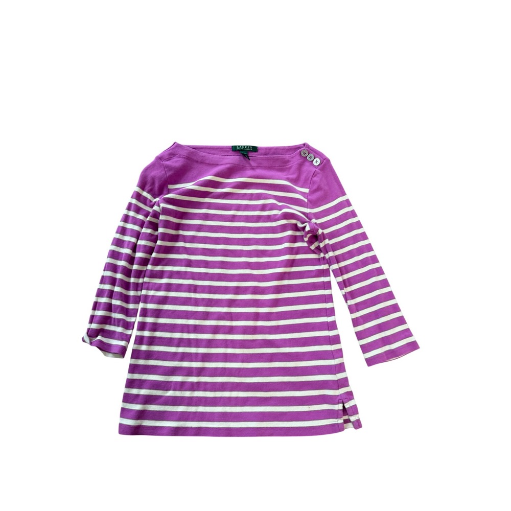 Lauren Ralph Lauren Purple White Striped Boat Neck 3/4‎ Sleeve Top Medium